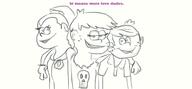 2017 arm_around_shoulder artist:tmntfan85 character:lincoln_loud character:luan_loud character:luna_loud dialogue half-closed_eyes looking_at_viewer luancoln lunacoln open_mouth sketch smiling text // 1246x576 // 248.8KB