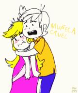 2017 artist:flor blushing character:lincoln_loud character:lola_loud dialogue hugging looking_at_another looking_to_the_side spanish // 557x665 // 132KB