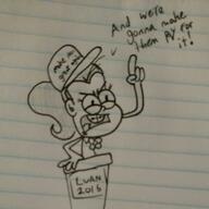 2016 artist:skeluigi character:luan_loud dialogue frowning hand_gesture hand_support maga maga_hat maga_luan meme open_mouth parody pointing sketch solo text // 2952x2952 // 675KB