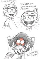 2016 artist:jumpjump blushing character:lincoln_loud character:luan_loud comic comic:the_loud_comic dialogue eyes_closed hair_down hug luancoln open_mouth sketch smiling surprised text // 1300x1900 // 1.3MB