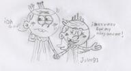 2016 alternate_outfit artist:julex93 blushing character:lincoln_loud character:lola_loud crown dialogue eyes_closed hand_holding lolacoln looking_to_the_side open_mouth sketch smiling text // 610x329 // 52KB
