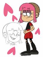 background_character character:pink_qt eyes_closed half-closed_eyes hearts laughing looking_back open_mouth raised_eyebrow rear_view sketch smiling solo // 1518x2000 // 203.9KB