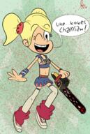 2017 alternate_hairstyle alternate_outfit armpit artist:extricorez blood chainsaw character:juliet_starling character:leni_loud cosplay dialogue holding_object lollipop_chainsaw looking_at_viewer midriff one_eye_closed open_mouth parody pigtails raised_leg smiling text video_game winking // 866x1289 // 1.3MB