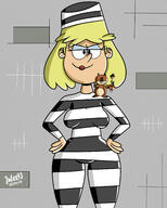 2018 acorn alternate_outfit animal artist:julex93 character:rita_loud frowning grin half-closed_eyes hands_on_hips looking_at_viewer prison prison_uniform smiling squirrel thick_thighs wide_hips // 2000x2500 // 1.5MB