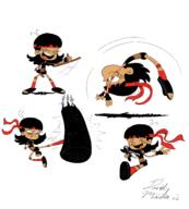 artist:da-4th character:stella_zhau exercise holding_weapon kick kicking leotard ninja nunchaku punching_bag smiling solo stretching workout // 4500x5000 // 1.8MB