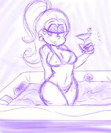alcohol artist:puppyface beverage bikini blushing breasts character:carlota_casagrande cleavage holding_beverage hottub nipple_outline sketch solo swimsuit thick_thighs wide_hips year_request // 631x758 // 282.4KB