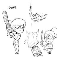 2016 artist:enclave baseball_bat character:luan_loud character:lynn_loud dialogue knife sketch text yandere // 900x900 // 34KB