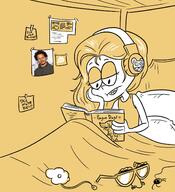 2016 alternate_outfit artist_request bed book calendar character:luan_loud eric_andre hair_down half_closed_eyes hand_on_cheek headphones holding_object in_bed looking_down photo pillow reading sleepwear solo // 1280x1406 // 592KB