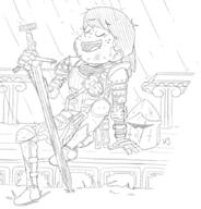 2017 alternate_outfit arm_support armor artist:vs_drawfag character:lynn_loud eyes_closed helmet holding_object holding_weapon knight rain sitting smiling solo sword // 838x874 // 285KB