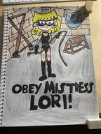 artist:urvy1a bdsm boots character:lori_loud femdom gloves holding_weapon looking_at_viewer solo text whip // 4032x3024 // 3.2MB