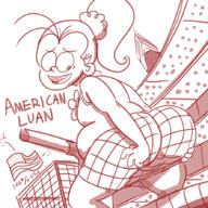 2016 american_flag artist:hotdog character:luan_loud fat hands_on_ass looking_back looking_down open_mouth rear_view shopping smiling solo text // 890x890 // 302KB