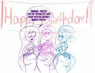 artist:ck-draws-stuff ass background_character bare_breasts birthday blushing character:becca_chang character:thicc_qt commission commissioner:aonp0001 dialogue half-closed_eyes olivia_collins open_mouth raised_eyebrow sketch smiling spanking tagme text wip // 1623x1250 // 614KB