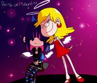 2016 alternate_outfit character:leni_loud character:lucy_loud halo looking_at_viewer panty_&_stocking parody sitting stool wings winking // 700x600 // 220.9KB