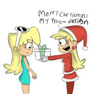 2017 alternate_outfit artist:extricorez character:leni_loud christmas christmas_outfit comic dialogue gift holding_object looking_down open_mouth proto-leni prototype_design santa_dress santa_hat santa_outfit smiling text // 1280x1280 // 476KB