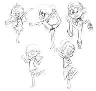 artist_request barefoot character:lana_loud character:lola_loud character:luan_loud character:lucy_loud character:lynn_loud fangs looking_at_viewer pose raised_leg sketch smiling stretching // 2798x2658 // 1.3MB