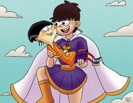 2021 artist:julex93 blushing bridal_carry carrying character:double_d cloud commission cosplay crossover ed_edd_n_eddy flying half-closed_eyes hands_on_belly looking_at_another open_mouth raised_leg shazam smiling superhero // 1280x995 // 148KB