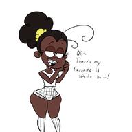 afro_puffs artist:sl0th braces character:luan_loud dark-skinned_female luancoln raceswap short_shorts socks solo thick_thighs // 800x800 // 117KB
