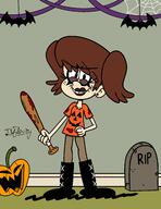 2022 alternate_outfit artist:tifflovty baseball_bat blood character:lynn_loud costume face_paint halloween holding_object holiday looking_at_viewer makeup pigtails pumpkin smiling tombstone // 1730x2245 // 270.3KB