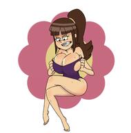 2023 angry artist:deviantraccoon bare_breasts big_breasts blushing character:lois_loud cleavage feet flower frowning half-closed_eyes legs_crossed looking_down love_child luaggie ocs_only one_piece_swimsuit original_character simple_background sin_kids sitting solo sweat swimsuit wardrobe_malfunction // 1400x1415 // 375KB