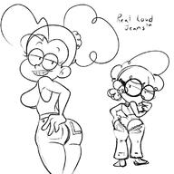 2021 alternate_outfit artist:sl0th ass big_ass character:lisa_loud character:luan_loud jeans looking_at_viewer raceswap text thick_thighs // 800x800 // 207.0KB