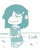 2017 artist:lioxdz bags_under_eyes character:lucy_loud hair_apart holding_arm looking_up on_knees smiling solo sweat // 467x590 // 94KB