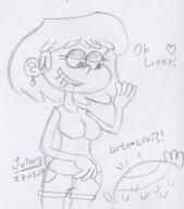 2017 artist:julex93 biting_lip character:lincoln_loud character:lori_loud dialogue half-closed_eyes heart looking_at_another looking_down loricoln sketch smiling sweat text // 399x452 // 52KB