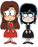 2016 alternate_hairstyle alternate_outfit blushing character:lucy_loud character:lynn_loud dress embarrassed hair_apart hair_down looking_to_the_side // 800x974 // 301KB