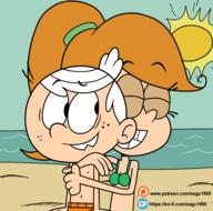 2019 alternate_outfit arm_around_shoulder artist:eagc7 beach bikini character:lincoln_loud character:rose_cunningham cleavage commission eyes_closed hand_on_chest hand_on_shoulder hug hugging looking_to_the_side midriff nipple original_character raised_eyebrow smiling sun swimsuit topless water // 1913x1897 // 576KB