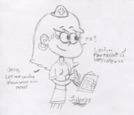 2017 alternate_outfit artist:julex93 character:leni_loud dialogue holding_object looking_to_the_side nurse pencil sketch smiling solo text // 456x391 // 41KB