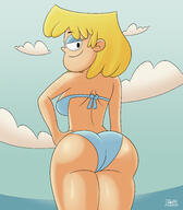 2023 alternate_outfit artist:julex93 ass beach below_view big_ass bikini character:lori_loud cloud commission half-closed_eyes hand_on_hip looking_at_viewer looking_back looking_down pose smiling solo swimsuit water // 3500x4000 // 3.3MB