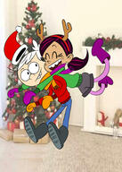 2022 alternate_outfit artist:deltalbert character:lincoln_loud character:ronnie_anne_santiago christmas eyes_closed hugging interracial looking_at_another reindeer_ears ronniecoln santa_hat scarf smiling winter_clothes // 1280x1792 // 254.9KB