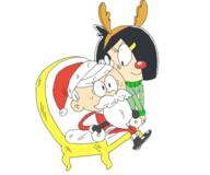 2016 alternate_outfit artist:fullhero18 background_character beard chair character:lincoln_loud character:shy_qt christmas costume holiday looking_at_another reindeer_costume reindeer_horns reindeer_nose santa_hat santa_outfit shycoln sitting smiling sweater // 600x500 // 136KB
