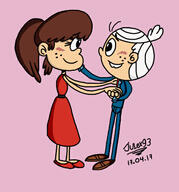 2017 artist:julex93 character:lincoln_loud character:lynn_loud coloring dancing dress hand_holding hand_on_cheek hnad_on_shoulder looking_at_another lynncoln simple_background smiling suit unusual_pupils // 456x488 // 87KB