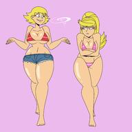 aged_up alternate_hairstyle artist:chillguydraws au:thicc_verse bare_breasts big_breasts bikini character:lana_loud character:lola_loud shorts swimsuit thick_thighs wide_hips // 3300x3300 // 842KB