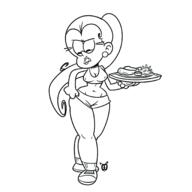 artist:racoonfoot black_and_white character:carlota_casagrande cleavage holding_food hooters nipple_outline sketch solo tagme thick_thighs waitress wardrobe_malfunction wide_hips wip // 2048x2048 // 785.5KB