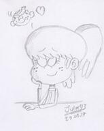 2017 artist:julex93 character:lincoln_loud character:lynn_loud eyes_closed hand_support heart lynncoln sketch smiling solo // 384x483 // 40KB