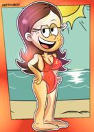 2022 artist:sketchboy beach belly character:bobbie_fletcher hands_on_hips looking_at_viewer smiling solo swimsuit // 2591x3624 // 2.3MB