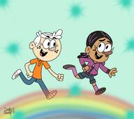2021 artist:candyrandy character:lincoln_loud character:ronnie_anne_santiago looking_at_another rainbow running smiling // 2048x1813 // 220KB