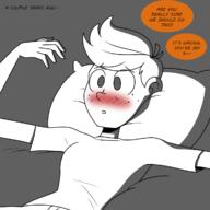 aged_up artist:chillguydraws bed blushing character:lincoln_loud dialogue lying on_back pillow ronniecoln text // 1200x1200 // 272KB