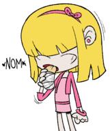 artist:distancedpsyche character:lucy_loud food holding_food pigslut solo // 1120x1332 // 241KB