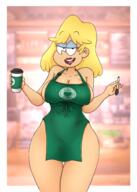 2021 apron artist:masterohyeah beverage character:rita_loud coffee holding_beverage holding_object looking_at_viewer naked_apron pen smiling solo wide_hips // 2000x2810 // 2.7MB