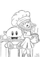 2017 alternate_outfit artist:jumpjump blushing chair character:kirby character:lucy_loud chef_hat cooking crossover food fork hat kirby open_mouth sitting steam sweat table // 1280x1816 // 1.1MB