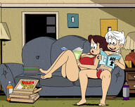 artist:sonson-sensei character:lincoln_loud character:renee comic_book holding_object pizza reading sitting underwear // 4300x3415 // 15.2MB