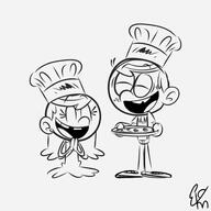 2022 artist:examdeo character:lincoln_loud character:lola_loud chef_hat cooking eyes_closed gloves smiling // 1900x1900 // 167KB