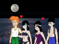 2018 aged_up alternate_outfit arm_around_back artist:ekjr beach bikini character:haiku character:lucy_loud character:rocky_spokes character:silas cleavage half-closed_eyes hand_behind_back hand_holding hearts looking_at_another looking_down looking_to_the_side looking_up lucky midriff moon night one_piece_swimsuit raised_eyebrow saiku smiling swimsuit topless water // 1518x1128 // 1.9MB
