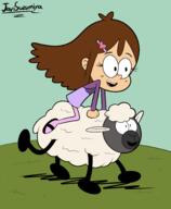 2023 artist:javisuzumiya background_character character:cookie_qt grass open_mouth riding sheep sitting smiling // 2473x3000 // 744KB