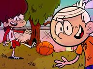 2022 artist:louddefender basketball_ball character:lincoln_loud character:lynn_loud cloud grass looking_at_viewer smiling tree // 1600x1200 // 179KB