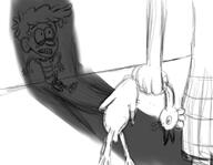 2017 character:luan_loud character:rocky_spokes doll holding_object looking_up raised_leg rubber_chicken scared shadow sketch // 679x526 // 111KB