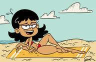 2020 aged_up artist:jose-miranda barefoot beach bikini character:stella_zhau half-closed_eyes looking_at_viewer pose smiling solo swimsuit towel // 1550x1000 // 134KB