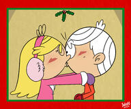 2017 alternate_oufit artist:julex93 blushing character:lincoln_loud character:lola_loud christmas eyes_closed gloves hands_on_shoulders kissing lolacoln mistletoe winter_clothes // 3000x2500 // 3.3MB